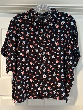 Hot Topic Black Button-Up Blouse with Red & Blue Mushroom Print